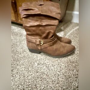 Arizona Jean Company womens Brown Heeled Boots with pleated accents and buckle.